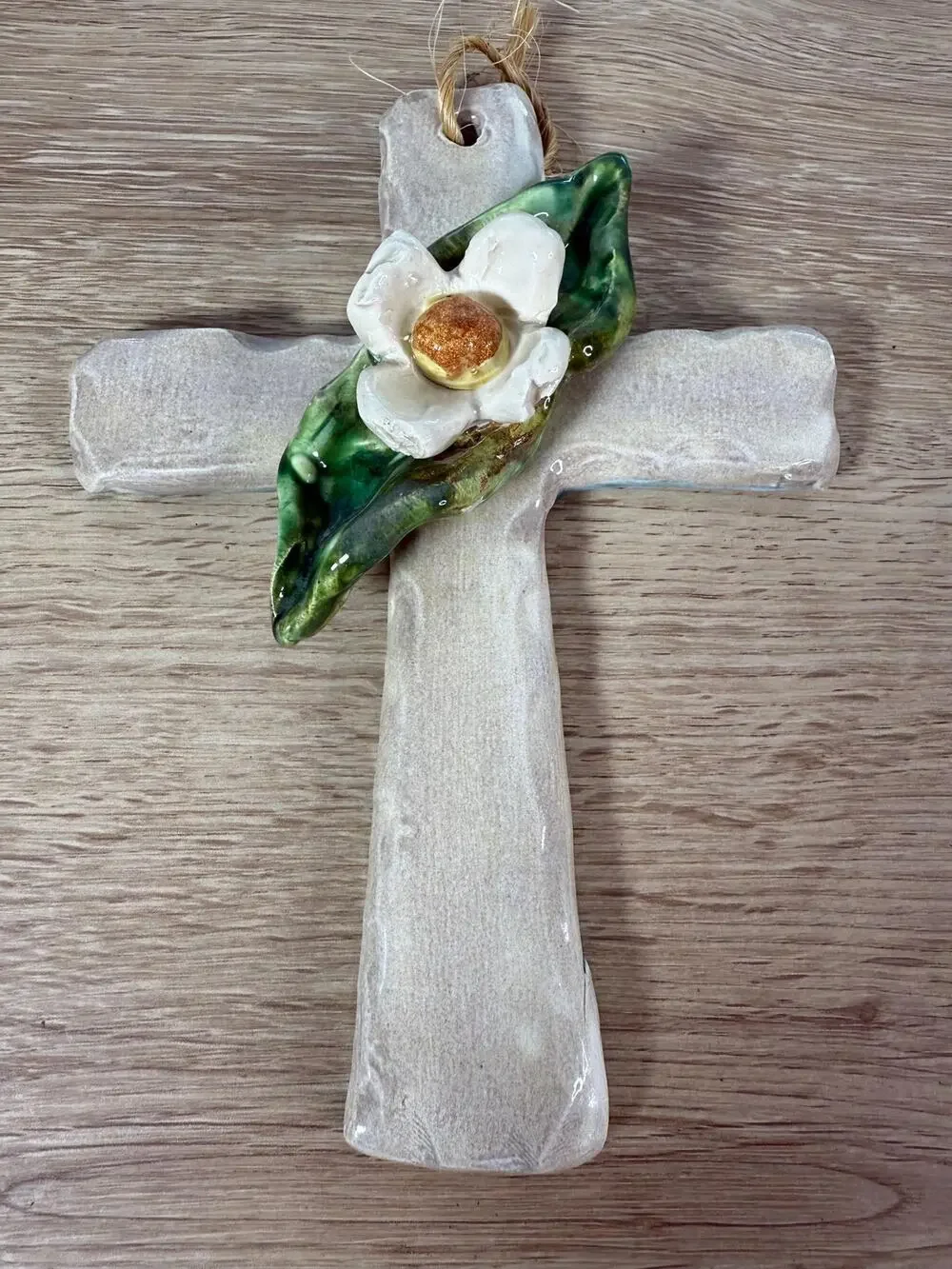 Ceramic Wall Cross, White Flower & Green Leaf, Ballyhoo Hanging Wall Art